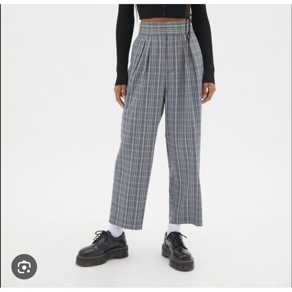 Urban Outfitters Pants Womens Small Gray Green Plaid High Waist Tapered Pull On - Picture 1 of 8